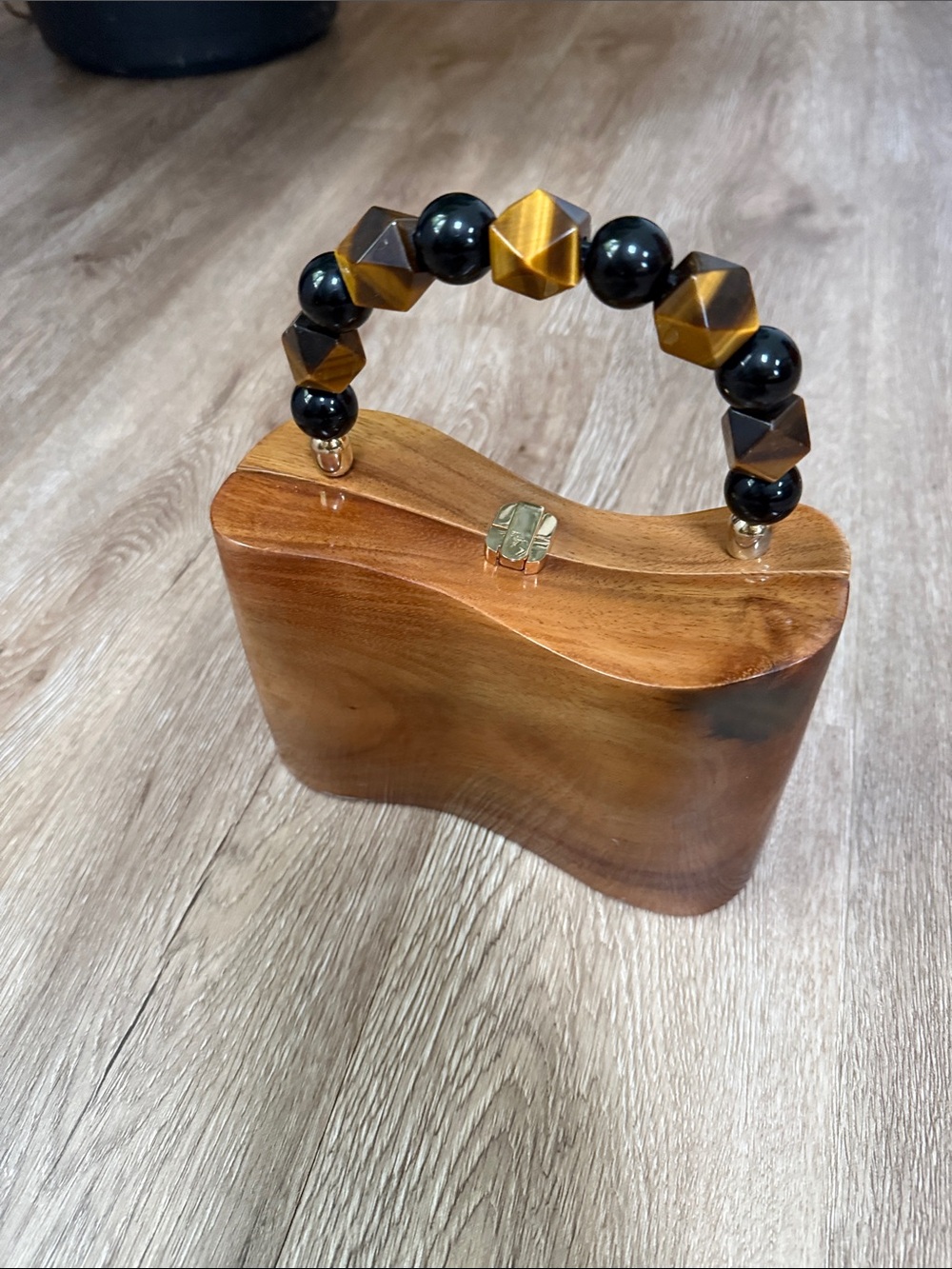 Timmy Woods Brown Wood Clutch with Black and Tiger Eye Beaded Handle